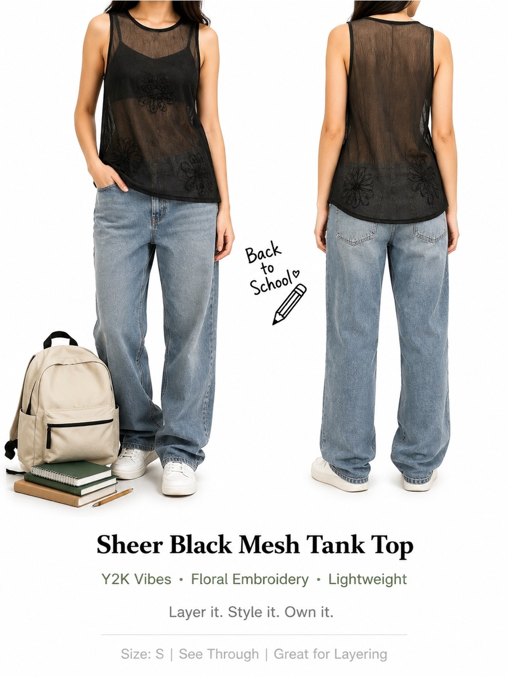 Ingear Surface Sleeveless Embroidered Sheer Black Cover-Up S